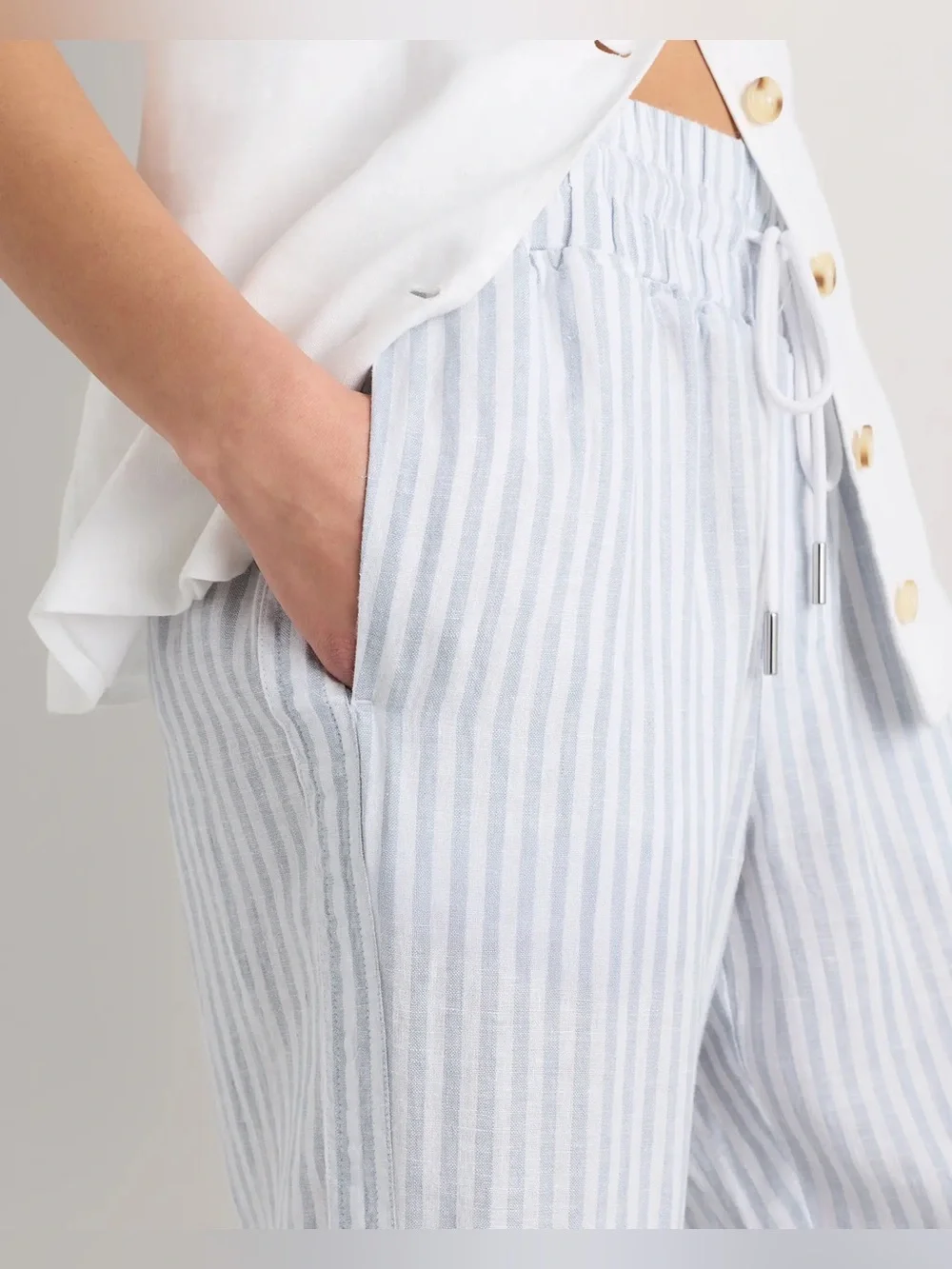 Quince 100% European Linen Wide Leg Pants in Sky blue Mariner Stripes— Large